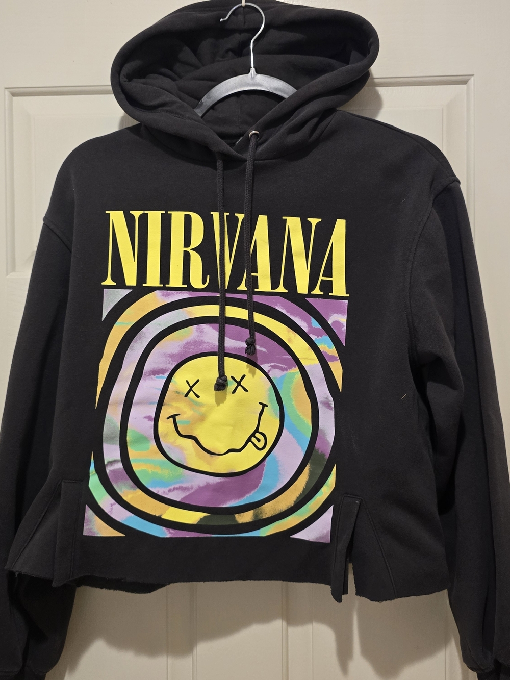 Nirvana Cropped Hoodie Women's Small Black Graphic Pullover Sweatshirt